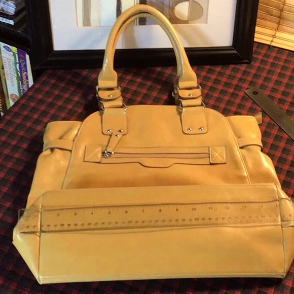 emilie m.| Large Vegan Mustard Folding Satchel Chrome Hardware Like New - Picture 6 of 8
